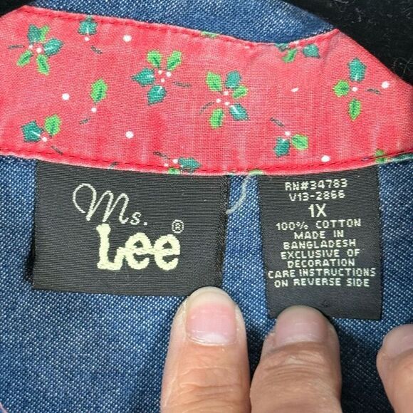 Vintage Christmas Winter‎ Denim LS Blouse Womens 1X Blue Snow Flake Pop Cuff - Picture 6 of 10